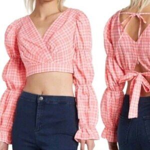 Topshop Neon Pink & White Gingham Puff sleeve Crop Top Long sleeve